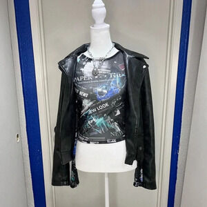 Black and blue newspaper print long sleeve top